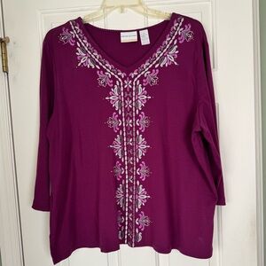 Alfred Dunner Magenta Embroidered Long Sleeve Top